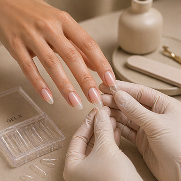 Gel-X tips being fitted to a client's almond nails
