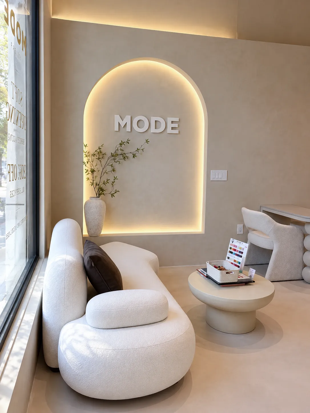 The Mode lounge: a cream bouclé sofa beneath the lit MODE arch