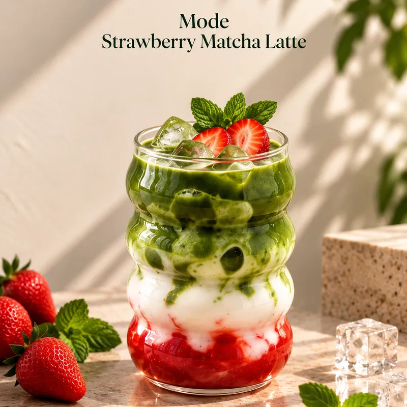 Mode's layered strawberry matcha latte, topped with fresh strawberries